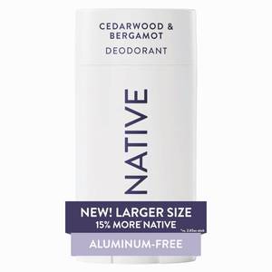 lot 39308 image: Native Aluminum Free Deodorant, Cedarwood & Bergamot, Large Size Stick, 72 Hour Odor Control, for Women & Men, Contains Naturally Derived Ingredients, 3.1 oz - Retail $15