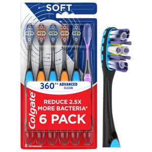 lot 39331 image: Colgate 360 Advanced Clean Floss Tip Soft Toothbrushes, 6 Pack - Retail $18