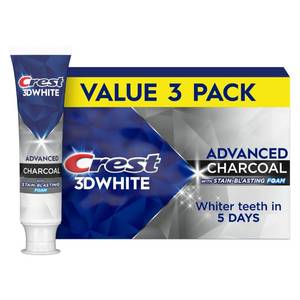 lot 39371 image: Crest 3D White Advanced Charcoal Toothpaste, Fresh Mint, 3.3 oz (Pack of 3), Whiter Teeth in 5 Days, Enamel Safe Fluoride Anticavity Toothpaste for Stain Removal and Prevention - Retail $13
