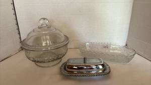lot 1034 image: Glass Serving Dishes with Lids and Metal Mounts 3-Piece Lot