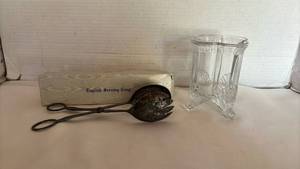 lot 1041 image: English Serving Tong Serving Spoon and Glass footed bowl