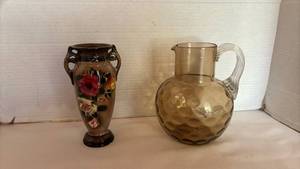 lot 1052 image: Two Decorative Glass Vessels Vase and Pitcher