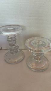 lot 1054 image: Two candle sticks and two glass figurines.