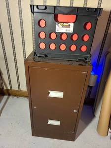 lot 2006 image: Brown metal, 2 drawer filing cabinet, 29x15x18, plus plastic crate with hanging folders