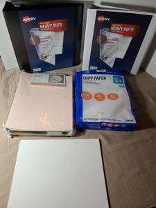 lot 2027 image: Copy paper, hanging file folders, white card stock, 3 ring binders