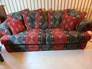 lot 2032 image: Upholstered Sofa with Geometric Pattern Pillows, 94in wide, 28in tall, 39in deep
