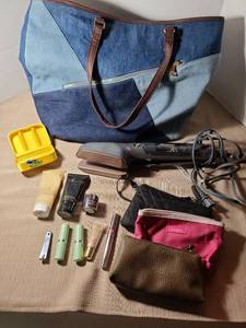 lot 2041 image: Denim Tote Bag, Beauty & Hair Accessories Lot with Conair Straightener, Cosmetics and Bags