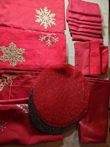 lot 2046 image: Red runners, placemats, tablecloth, napkins