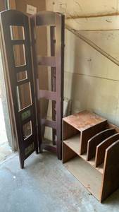 lot 3000 image: Wooden room divider picture collage 60X36 and organizer table 23X21X13 Needs cleaned