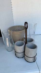 lot 3016 image: Planter Set 3 Cylindrical Pots with Metal Bands and Large Bowl