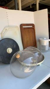 lot 3017 image: Kitchen Lot Cutting Boards, Dome Lids, Pitcher, Black Lid and more