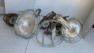 lot 3021 image: Lot of 3 Industrial Cage Work Lights with Cord and Plug