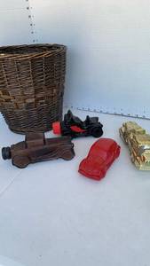 lot 3040 image: Vintage Avon, perfume bottles, and wicker trashcan