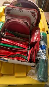 lot 3128 image: Lot of Red and Green Plastic Plates Bowls Utensils Holiday Tableware