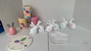 lot 3202 image: Easter Decorative Lot Bunny Figurines Wall Art Signs Candles Plate 15X12