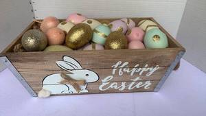 lot 3205 image: Happy Easter Decorative Egg Ornament Wood Basket