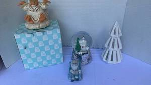 lot 3224 image: Christmas decor, including snow, globe, ceramic Christmas tree, and angel