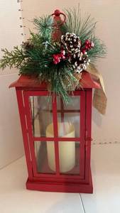 lot 3403 image: Red Lantern with LED Candle and Holiday Floral Arrangement