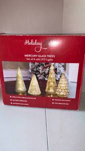 lot 3416 image: Holiday Mercury Glass Trees Set of 4 with LED Lights Battery Operated
