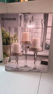 lot 3417 image: Kirklands Set of 3 Clear Glass Candle Holders 15.75 to 19.75 inches