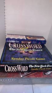 lot 3504 image: Lot of 3 Board Games Deluxe Cribbage Set, Crossword Puzzle Game, Crystal 2-in-1 Game Set