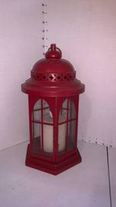 lot 3514 image: Red Hexagonal Lantern with Glass Panels and Candle