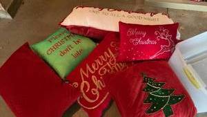 lot 3519 image: Christmas pillows and storage bin