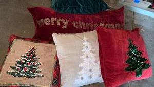 lot 3520 image: Christmas pillows in storage bin