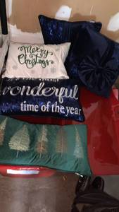 lot 3536 image: Holiday Pillow Lot Christmas Decorative Pillows in red storage bin