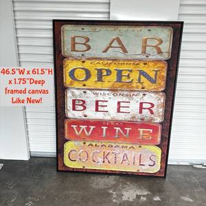 lot 3 image: Framed Canvas Bar Open Beer Wine Cocktails 46.5W x 61.5H x 1.75D