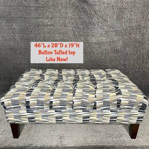 lot 9 image: Button Tufted Ottoman 46L x 28D x 19H Navy Gold Cream Striped