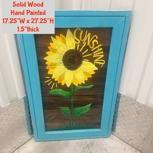 lot 16 image: Hand Painted Wood Wall Art Sunflower 17.25W x 27.25H x 1.5 Thick