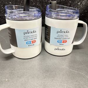 lot 44 image: Primula Double Wall Stainless Steel Insulated Coffee Mug 14 oz Set of 2 New