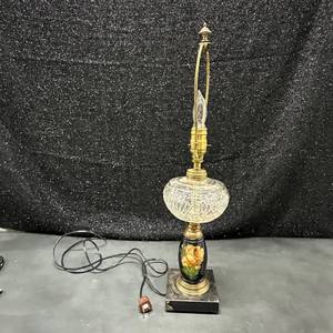 lot 59 image: Table Lamp with Textured Glass and Floral Ceramic Base