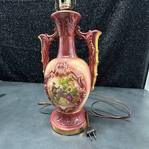 lot 62 image: Decorative Table Lamp with Painted Ewer and Brass Finial