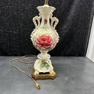 lot 63 image: Porcelain Urn Table Lamp with Rose Decoration and Metal Base