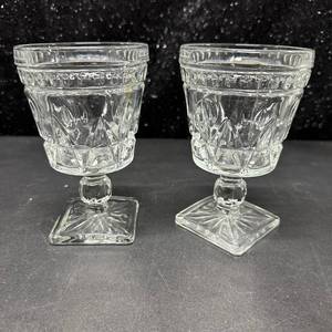 lot 67 image: 2 Pressed Glass Footed Goblets with Geometric Relief Pattern