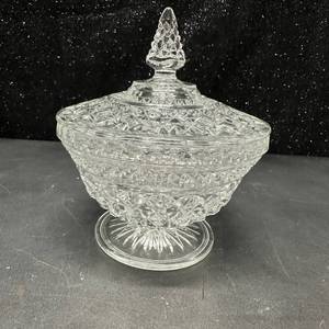 lot 68 image: Pressed Glass Pedestal Candy Dish with Lid and Finial