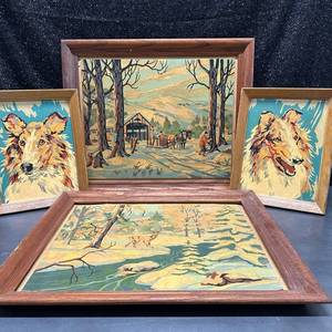 lot 70 image: Framed Painted Art Lot 4 Pieces Landscape Wildlife Dog Portrait