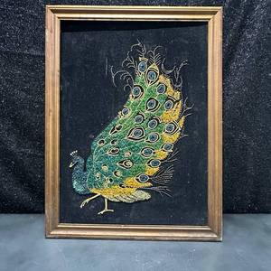 lot 71 image: Framed Peacock Wall Art Embellished with Sequins and Beads on Black Velvet