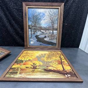 lot 72 image: Lot 2 Framed Landscape Prints Winter Stream Autumn Trees