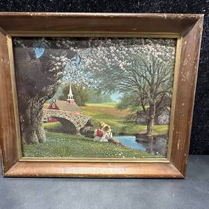 lot 73 image: Framed Landscape Print Rural Farm Scene Stone Bridge Red Building