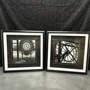 lot 79 image: 21.75in SQ Pair of Framed Black and White Clock Tower Photographs