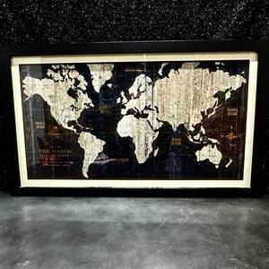 lot 80 image: Framed World Map Wall Art Black &amp Cream behind glass 26x44x1.5