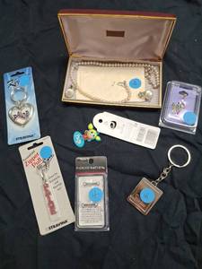 lot 32 image: Fashion Jewelry & Accessories Lot - Pearl Necklace, Keychains, Zipper Pull, Pierced Nation