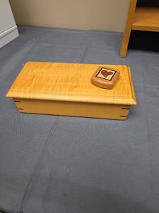 lot 49 image: Wooden Trinket or Jewelry Box and a small wood piece with heart motif