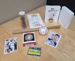 lot 88 image: Baseball Memorabilia Lot Mark Magwire watch, baseball, cards, bat and a figurine
