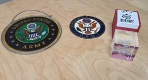 lot 99 image: Two US Army Ornaments and US Army Laser Etched Paperweight