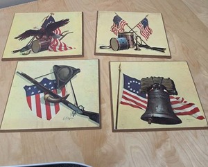 lot 113 image: Set of 4 Painted Wood Plaques with America themes, all signed by artist