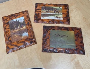 lot 114 image: Lot of 3 Wildlife Photos glazed onto carved rustic wood plaques